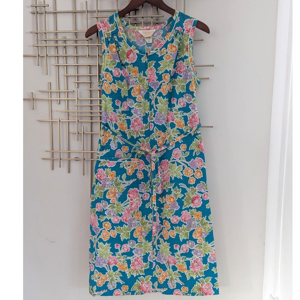 Vtg 1970s Komar House Dress Teal Floral Sleeveless Zip Front Tie Waist Sz S USA